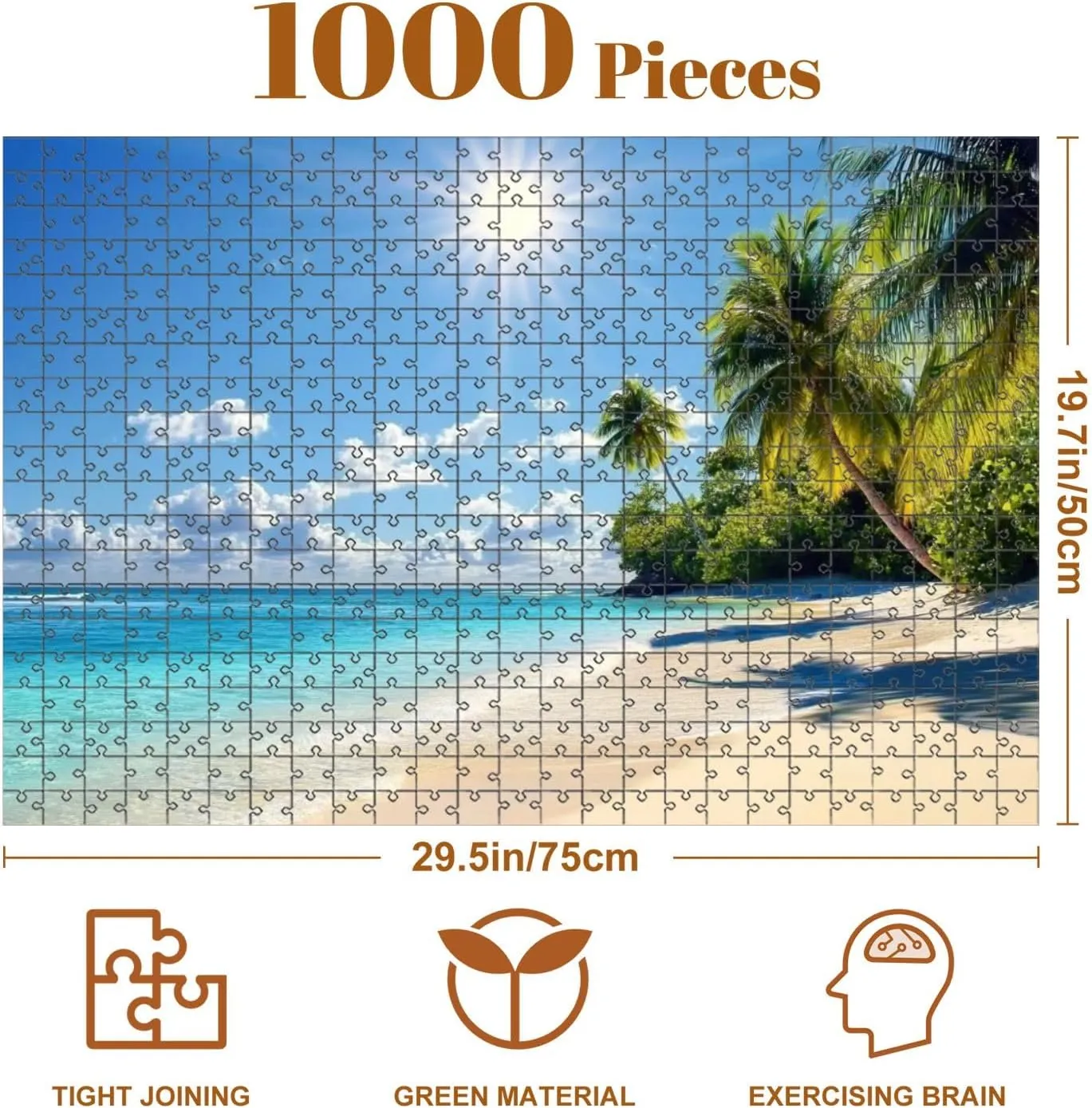 1000 Piece Puzzle Palm Tree Beach Tropical Island Caribbean 20" x 30" Countdown Indoor Activities Difficult Jigsaw Puzzle Set for Adults, Children - Educational Toys Gift