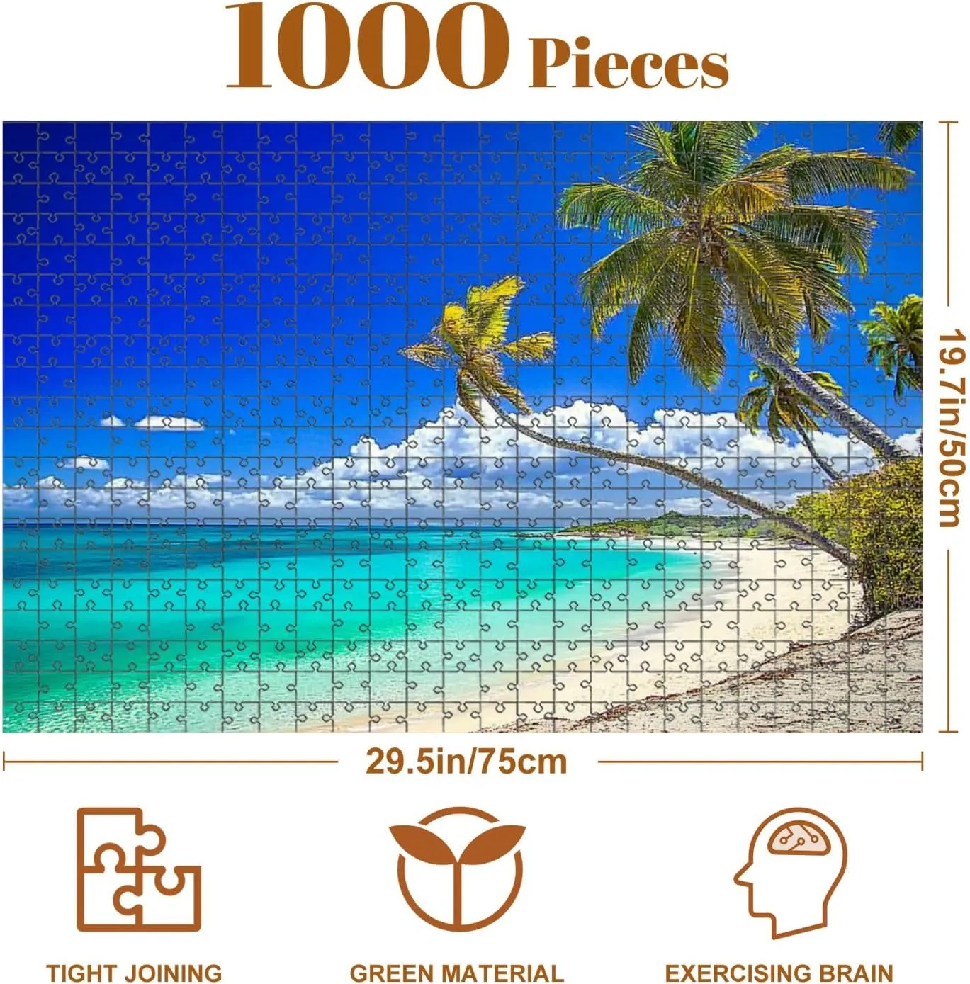 1000 Piece Puzzle Tropical White Sand Beach Caribbean Island Coconut Trees 20" x 30" Countdown Indoor Activities Difficult Jigsaw Puzzle Set for Adults, Children - Educational Toys Gift