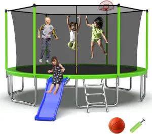 10FT 12FT 14FT 15FT 16FT Trampoline with Slide, Outdoor Trampoline with Basketball Hoop and Enclosure Net, Fun for Both Kids and Adults