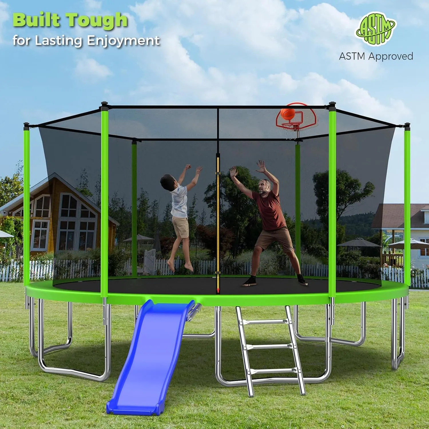 10FT 12FT 14FT 15FT 16FT Trampoline with Slide, Outdoor Trampoline with Basketball Hoop and Enclosure Net, Fun for Both Kids and Adults