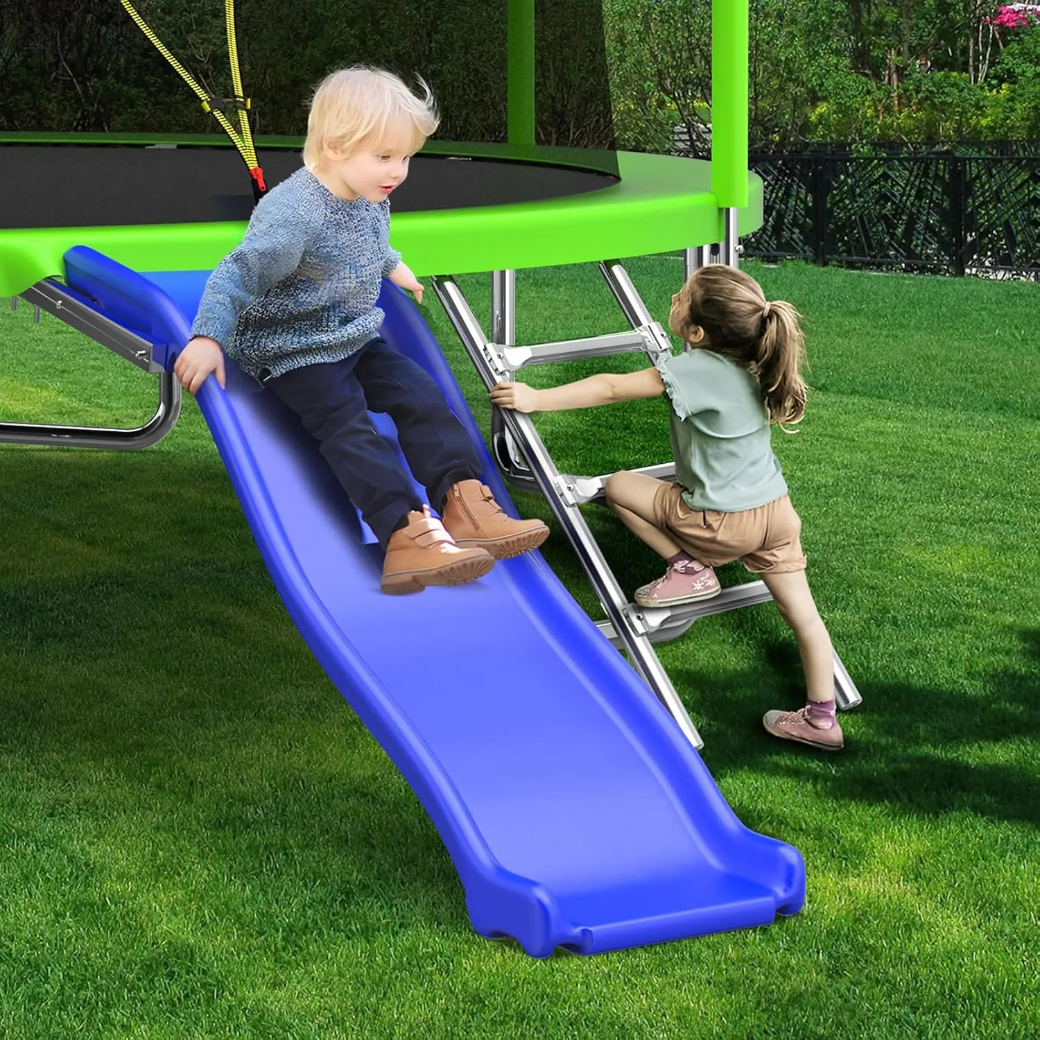 10FT 12FT 14FT 15FT 16FT Trampoline with Slide, Outdoor Trampoline with Basketball Hoop and Enclosure Net, Fun for Both Kids and Adults