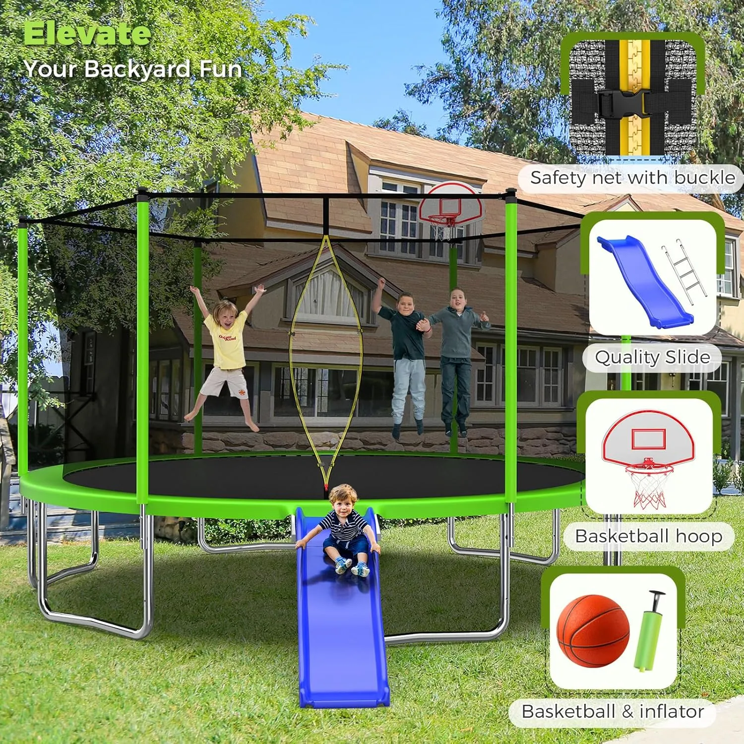 10FT 12FT 14FT 15FT 16FT Trampoline with Slide, Outdoor Trampoline with Basketball Hoop and Enclosure Net, Fun for Both Kids and Adults