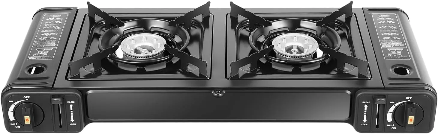 12 Inch Camping Stove 2 Adjustable Burners Gas Portable Stove with Grill Tray Pot Rack Gas Stove Knobs Control, Piezoelectric Ignition for Camping, Tailgating, BBQ