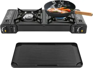 2 Burner Camping Stove with Griddle, Portable Camp Gas Stove 2 Adjustable Burners & Piezo Ignition for CampingTailgating Grilling BBQs, Compatible with Butane