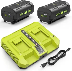 2-Pack 40V 6.0Ah Lithium Battery for Ryobi & OP401S Charger Kit for Ryobi 40V Tools, High-Capacity Replacement for OP4026/OP4040/OP4050