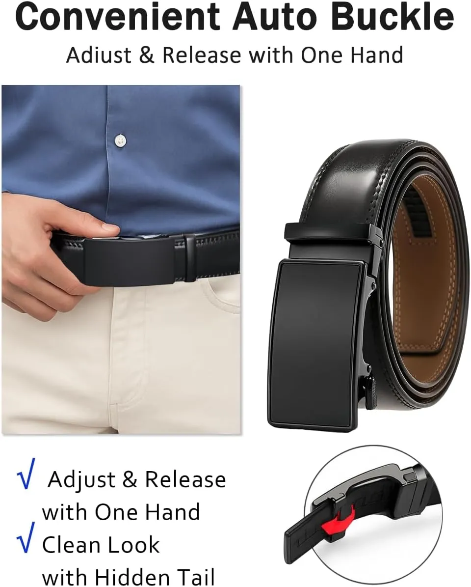 2 Pack Ratchet Belt for Men - Mens Belt Leather 1 3/8" for Casual Jeans - Fit 36" to 44" Waist Adjustable