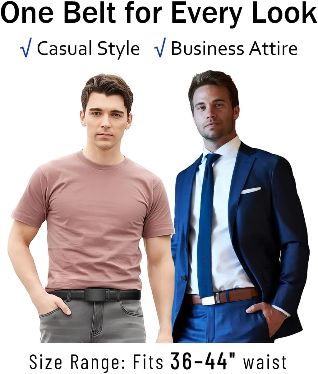 2 Pack Ratchet Belt for Men - Mens Belt Leather 1 3/8" for Casual Jeans - Fit 36" to 44" Waist Adjustable