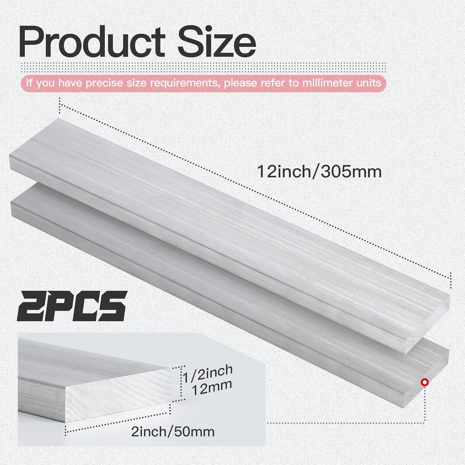 2 Pieces 1/2" (12mm) X 2"(50mm) Square Aluminum Flat BAR 12"(305mm) Long 6061 General Purpose Plate,T6511 Solid New Mill Stock