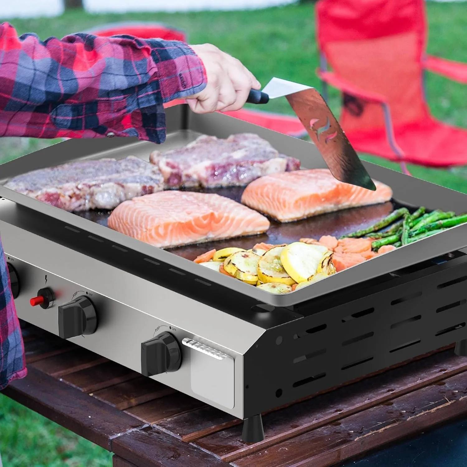 3 Burner BBQ Flat Top Grill, 25.6 Inch Stainless Steel Portable Detachable Gas Griddle, 30,000 BTU Propane Griddle for Camping