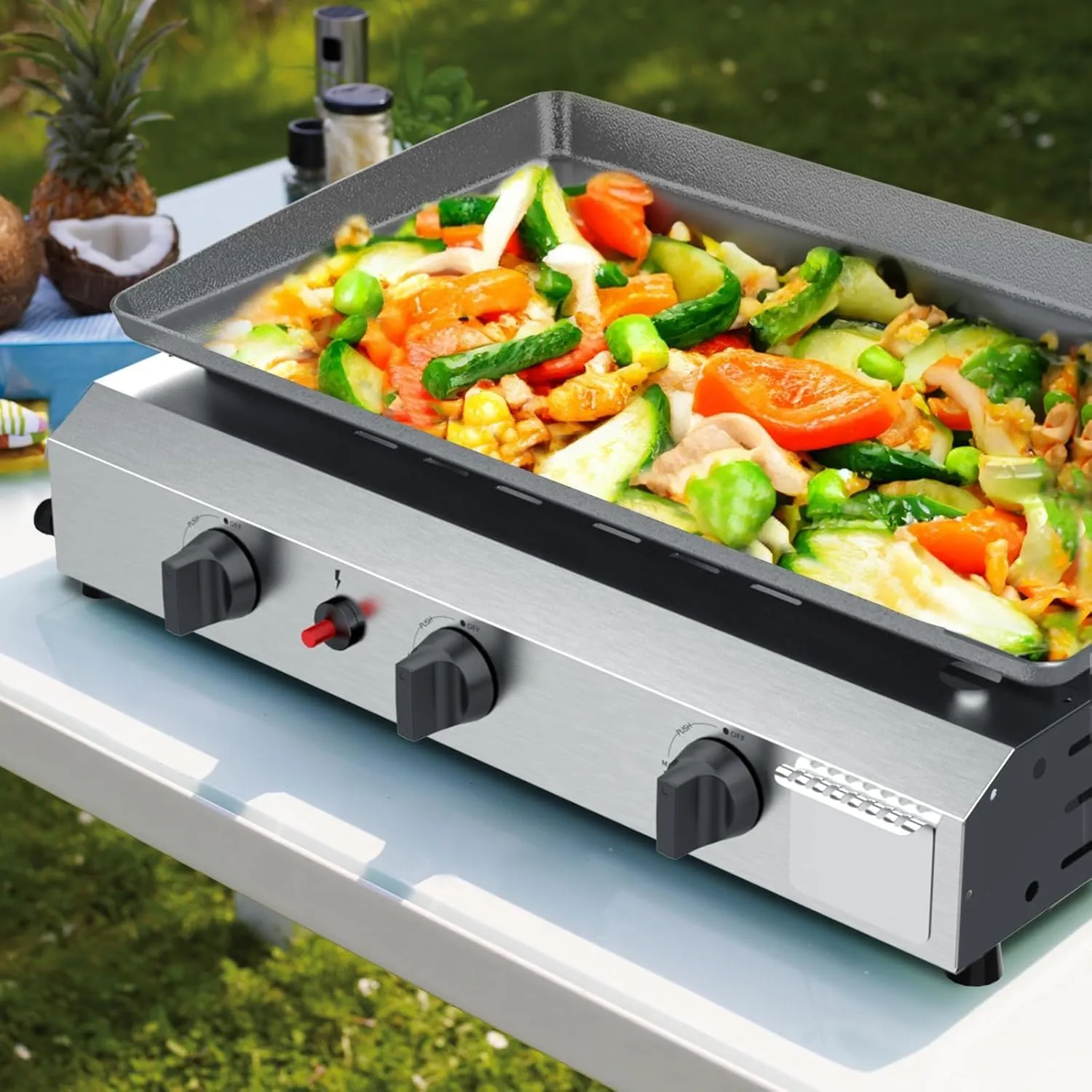 3 Burner BBQ Flat Top Grill, 25.6 Inch Stainless Steel Portable Detachable Gas Griddle, 30,000 BTU Propane Griddle for Camping