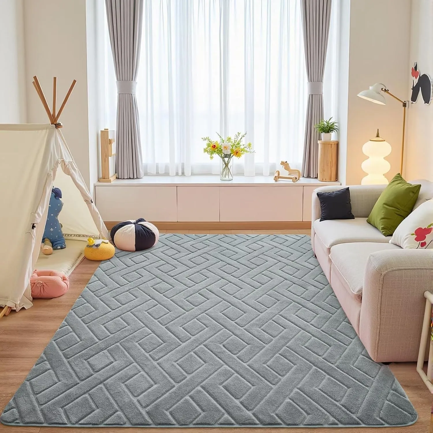 4x6 Grey Washable Area Rug for Bedroom, Modern Geometric Shag Non-Slip Living Room Rugs, Fluffy Plush Soft Memory Foam Carpet for Kids Boys Room Nursery Room Dorm Bedside Decor
