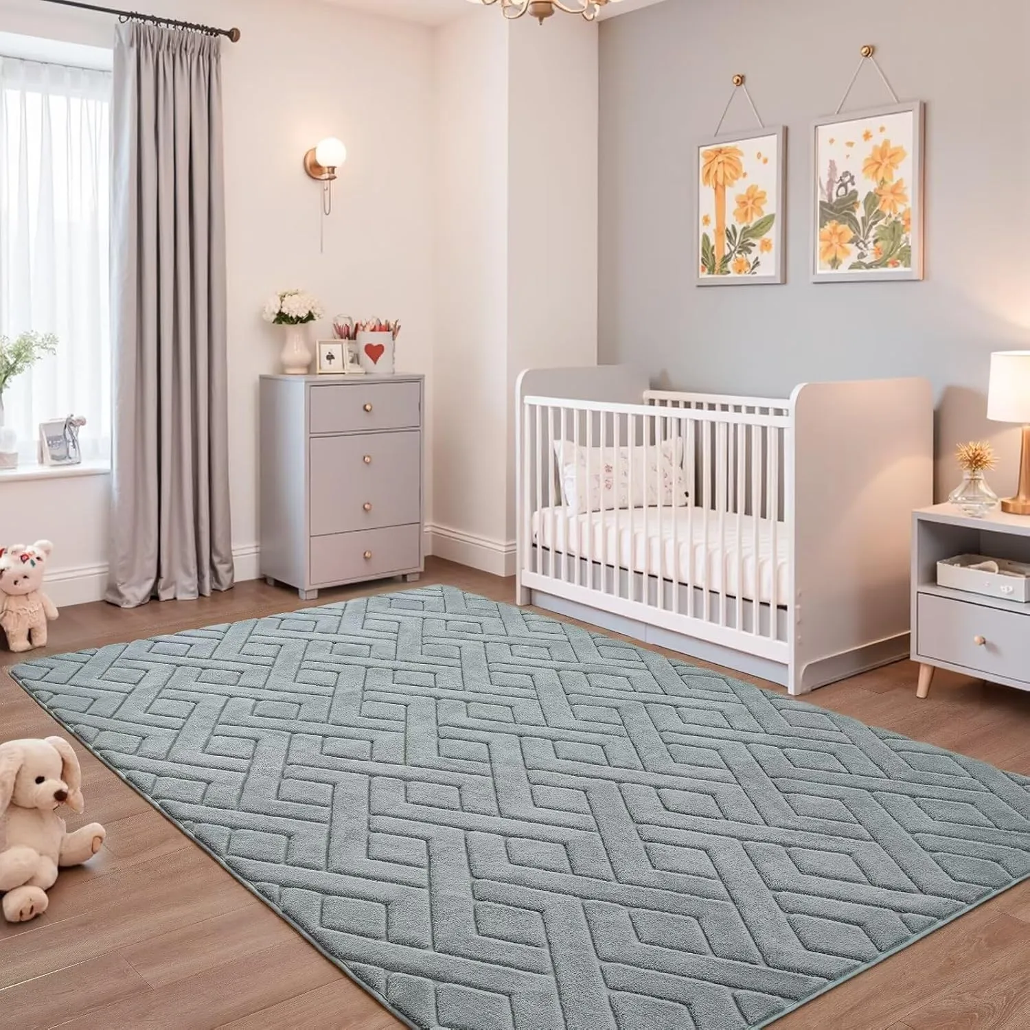 4x6 Grey Washable Area Rug for Bedroom, Modern Geometric Shag Non-Slip Living Room Rugs, Fluffy Plush Soft Memory Foam Carpet for Kids Boys Room Nursery Room Dorm Bedside Decor