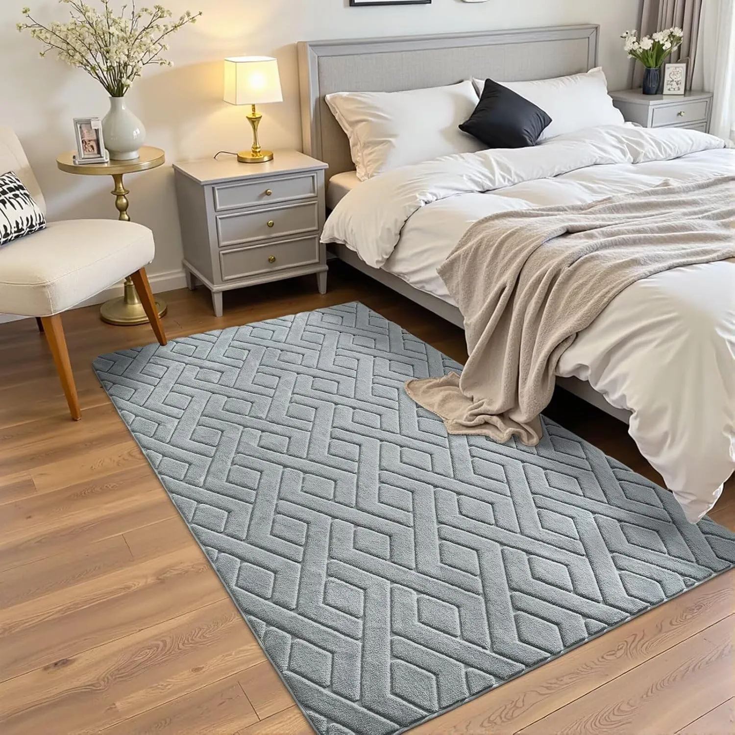 4x6 Grey Washable Area Rug for Bedroom, Modern Geometric Shag Non-Slip Living Room Rugs, Fluffy Plush Soft Memory Foam Carpet for Kids Boys Room Nursery Room Dorm Bedside Decor