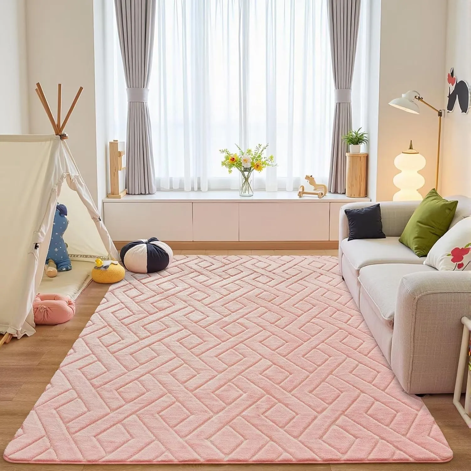 4x6 Pink Washable Area Rug for Girls Bedroom, Modern Geometric Shag Non-Slip Living Room Rugs, Fluffy Plush Soft Memory Foam Carpet for Kids Room Nursery Room Dorm Bedside Decor