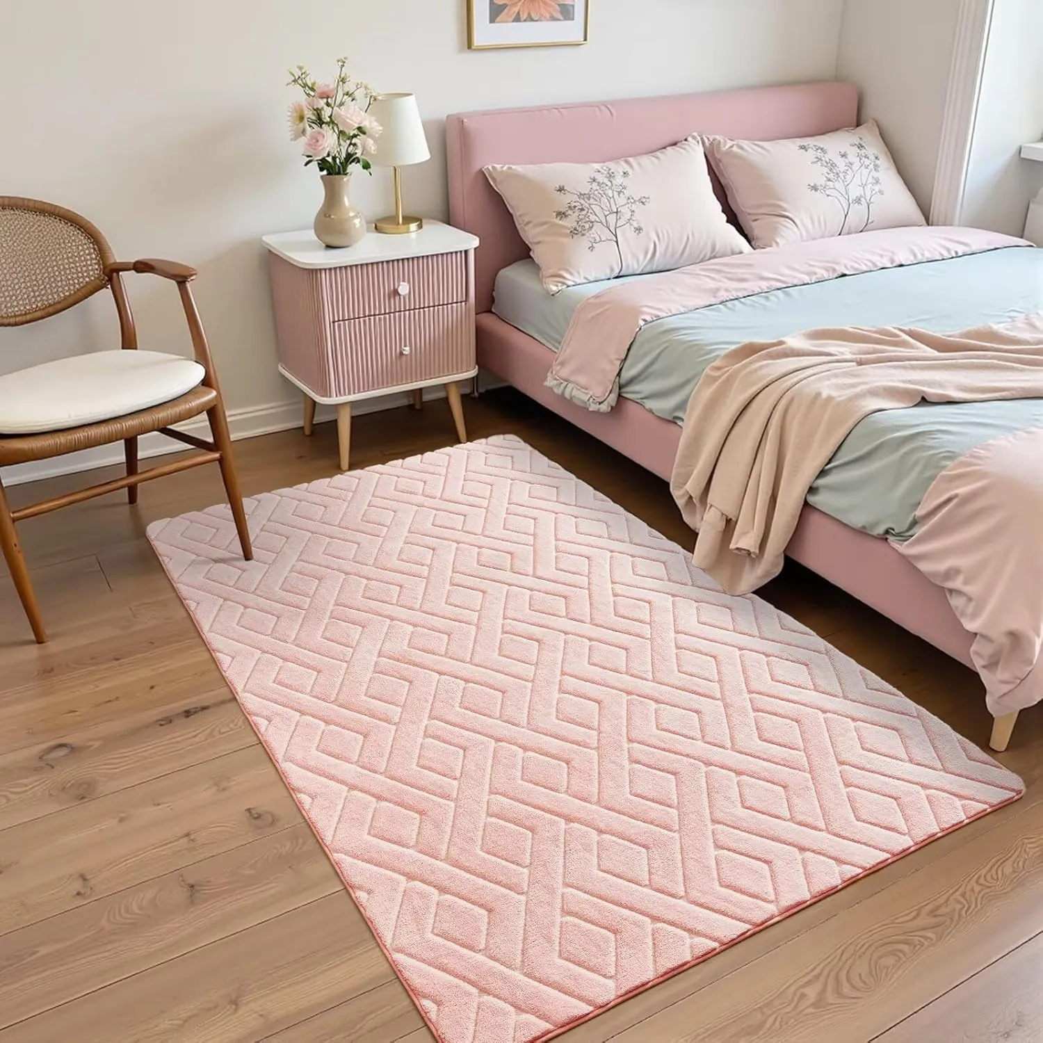 4x6 Pink Washable Area Rug for Girls Bedroom, Modern Geometric Shag Non-Slip Living Room Rugs, Fluffy Plush Soft Memory Foam Carpet for Kids Room Nursery Room Dorm Bedside Decor