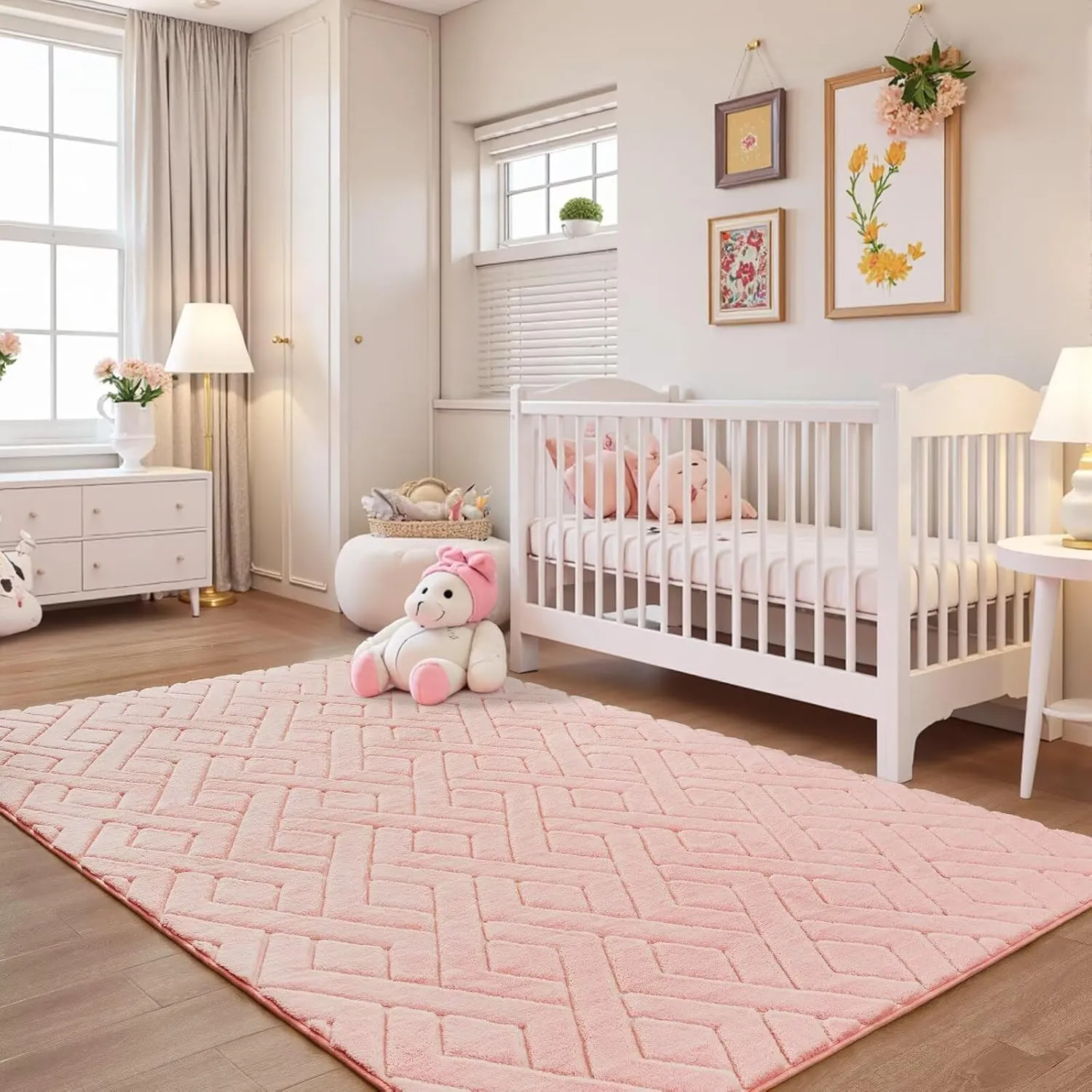 4x6 Pink Washable Area Rug for Girls Bedroom, Modern Geometric Shag Non-Slip Living Room Rugs, Fluffy Plush Soft Memory Foam Carpet for Kids Room Nursery Room Dorm Bedside Decor