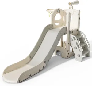6 in 1 Toddler Slide for Toddlers Age 1-3, Extra-Long Slide with Basketball Hoop Indoor and Outdoor Baby Climber Playset Playground Freestanding Slide (Small, White Grey)