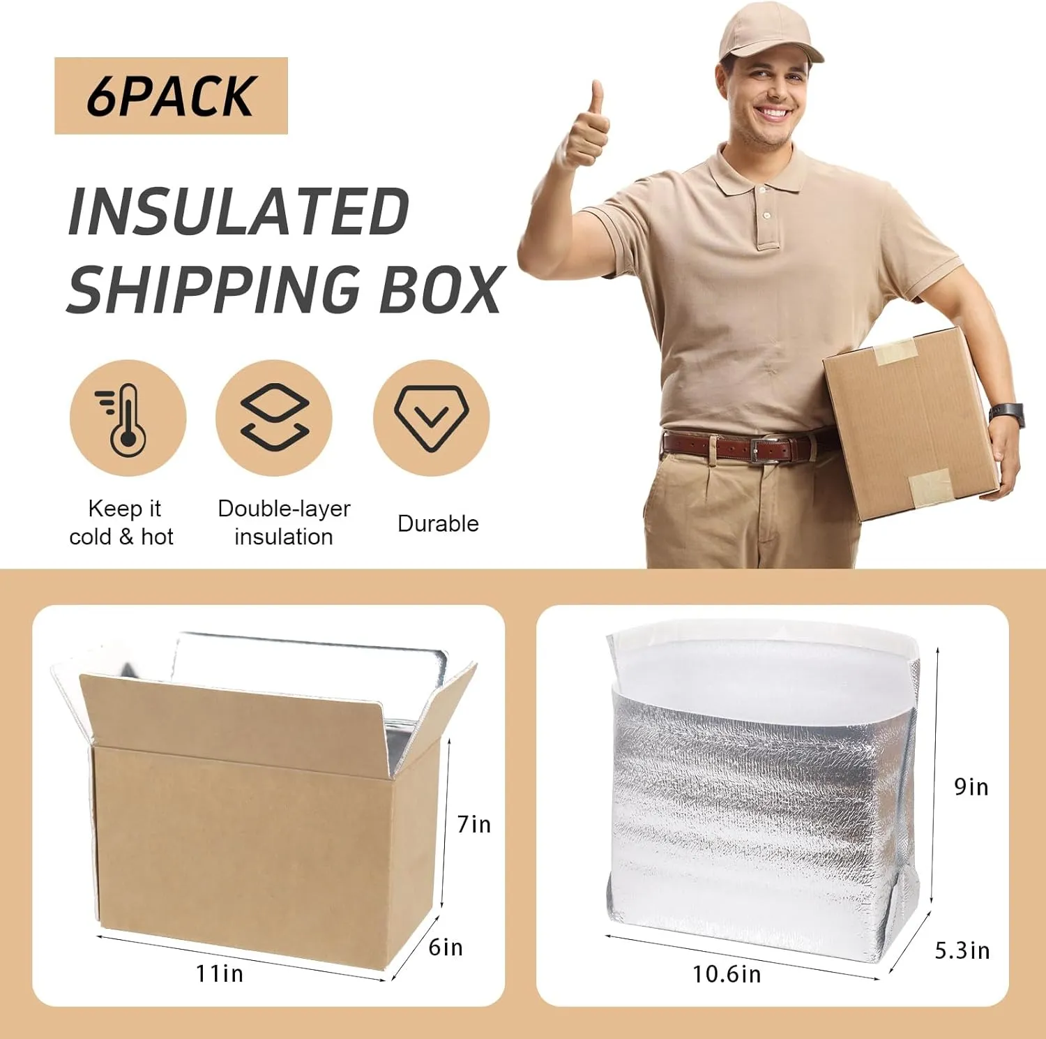6 Pack 11x6x7 Insulated Shipping Box for Frozen Food & Hot Food, with Aluminum Foil Insulated Bag Liner, Reusable Insulated Boxes for Cold Shipping