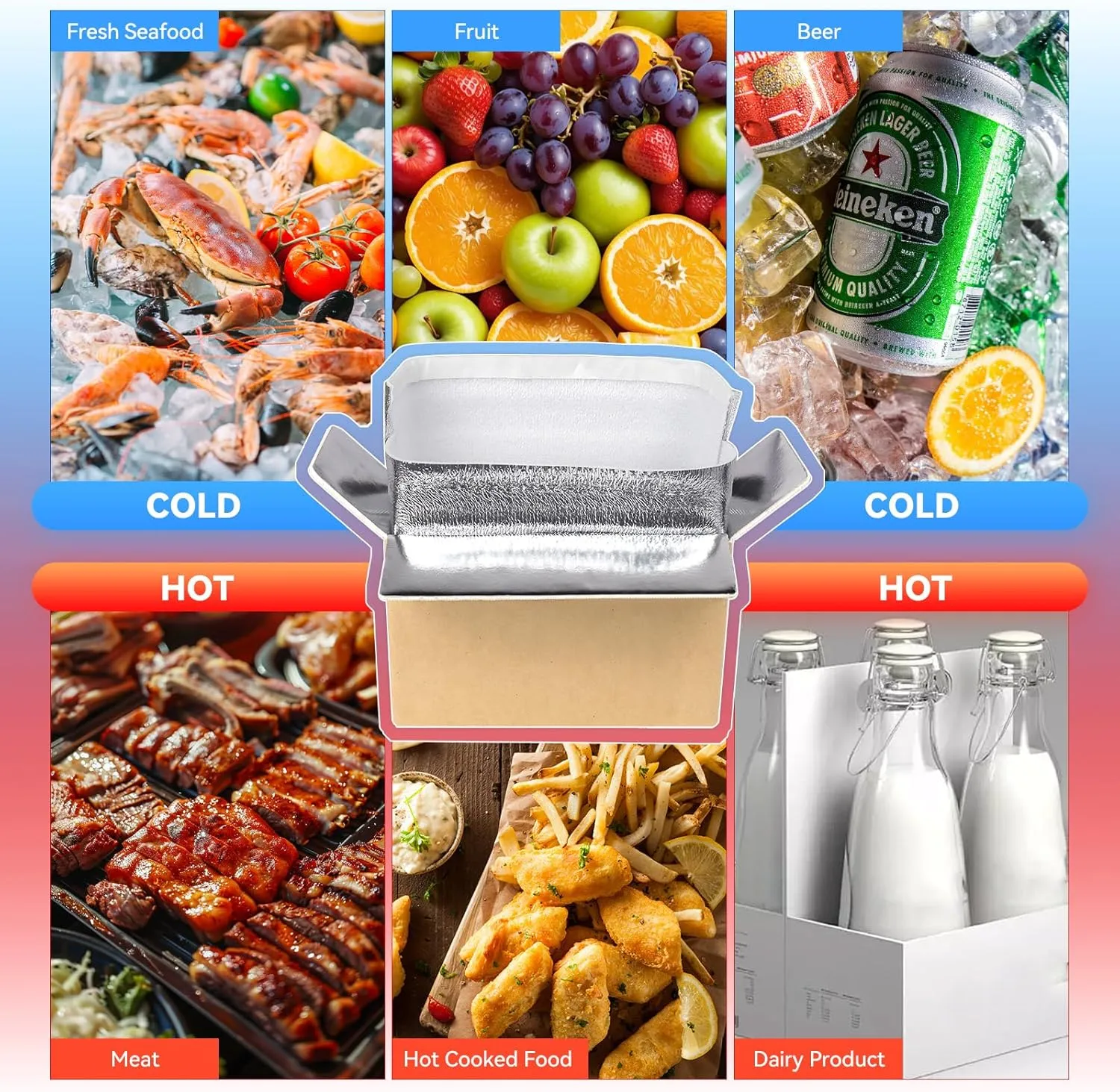 6 Pack 11x6x7 Insulated Shipping Box for Frozen Food & Hot Food, with Aluminum Foil Insulated Bag Liner, Reusable Insulated Boxes for Cold Shipping