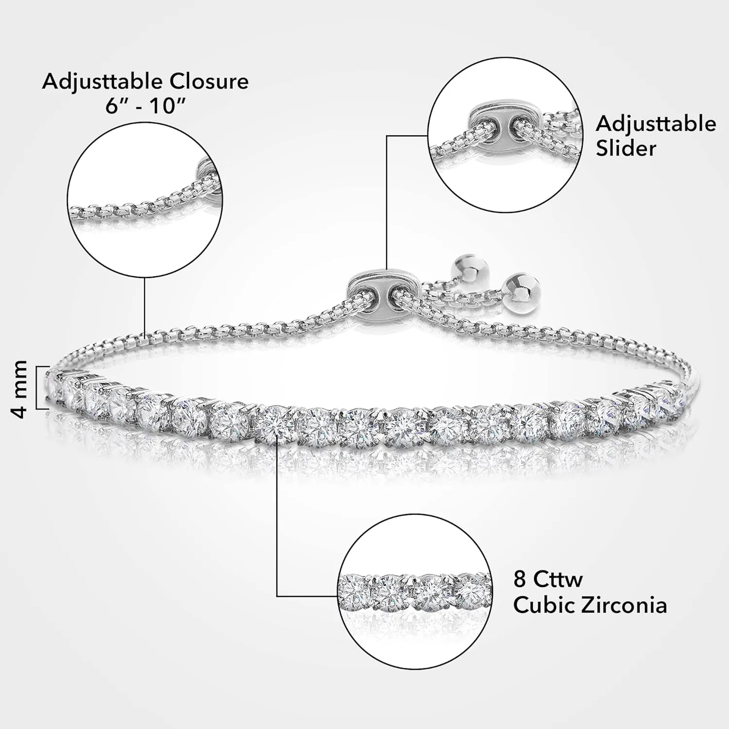 8 Cttw Cubic Zirconia Adjustable Bolo Bracelet for Women 4mm - 6mm