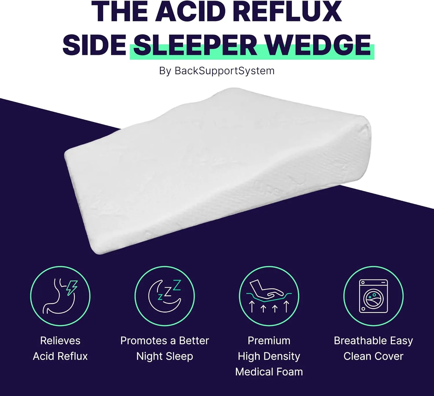 Acid Reflux Wedge Pillow for Sleeping & Sitting – Elevating Memory Foam Pillow for GERD Relief, Snoring, & Back Pain (Side Sleeping Wedge - Be Cool, 24x26x8 Inches)