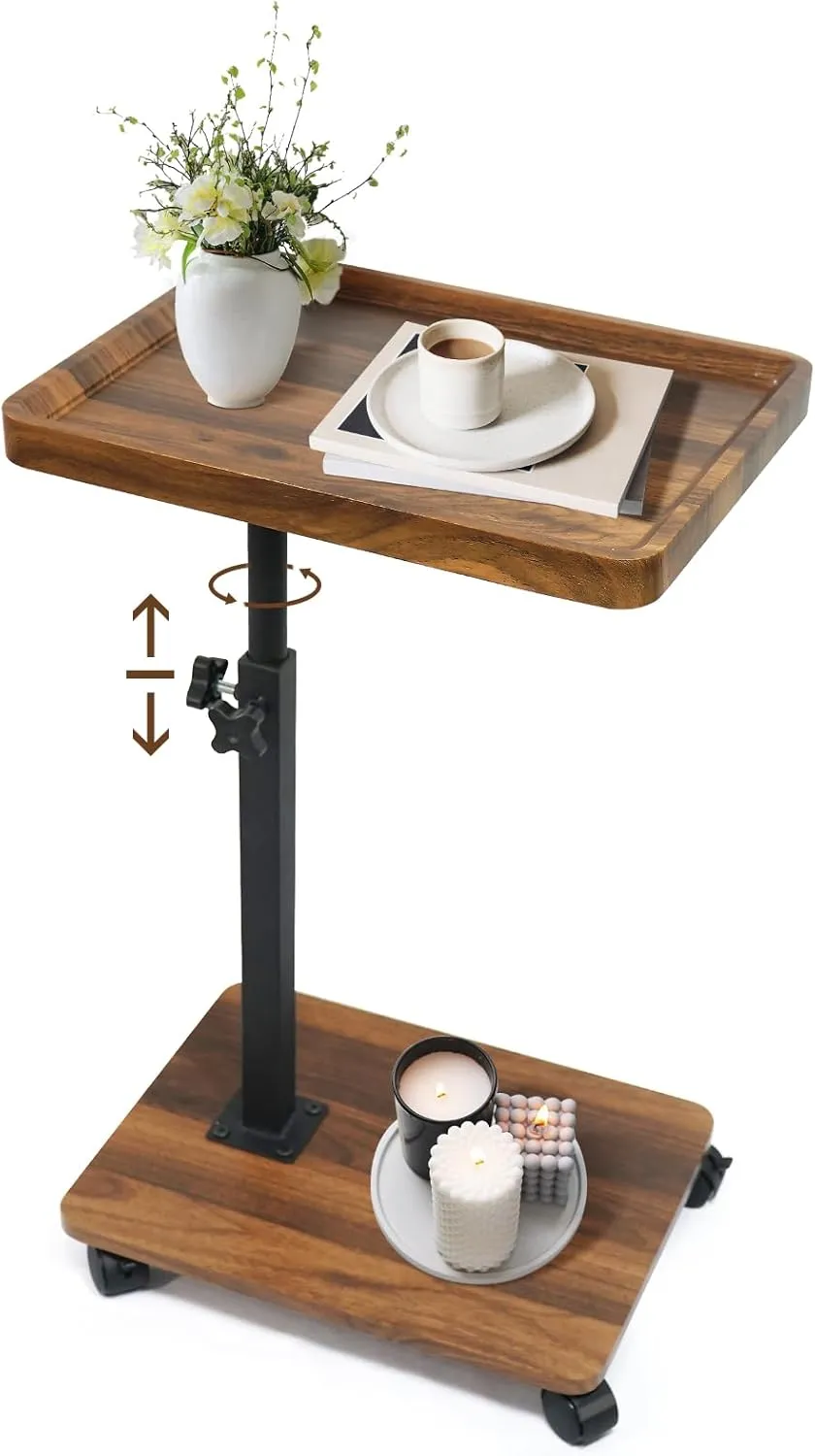 Adjustable C Table & Side Table with Locking Wheels - for Eating, Reading, Laptop,in Bed/Couch/Bathroom - end Tables with 360°Swivel Tray（17.7-31.5in）