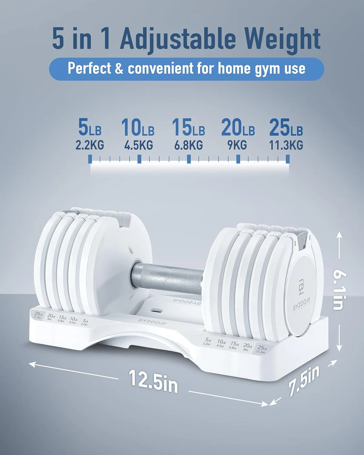 Adjustable Dumbbell – 12.5/25lb Single Unit OR Set of 2 – 5-in-1 Adjustable Weight for Home Gym, Strength Training & Fitness Workouts, White OR Black