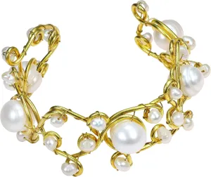 AeraVida Open Swirl White Cultured Freshwater Pearls Brass Bracelet Cuff