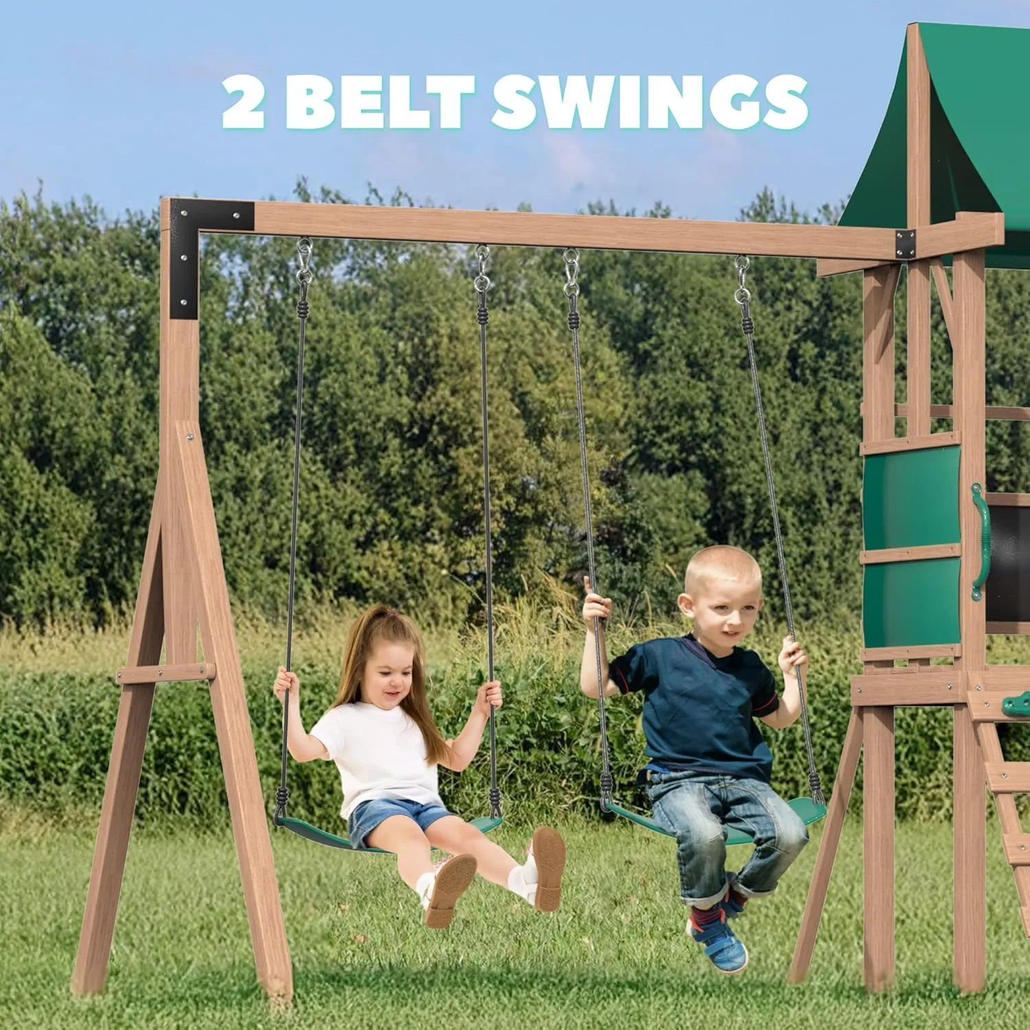 All Spruce Wooden Swing Sets for Backyard for Kids 3-12, Swingset Outdoor for Kids, Outdoor Kids Swing Sets for Backyard with 2 Belt Swings, Slide, Climber, Sandbox Area, Blackboard, Play Deck