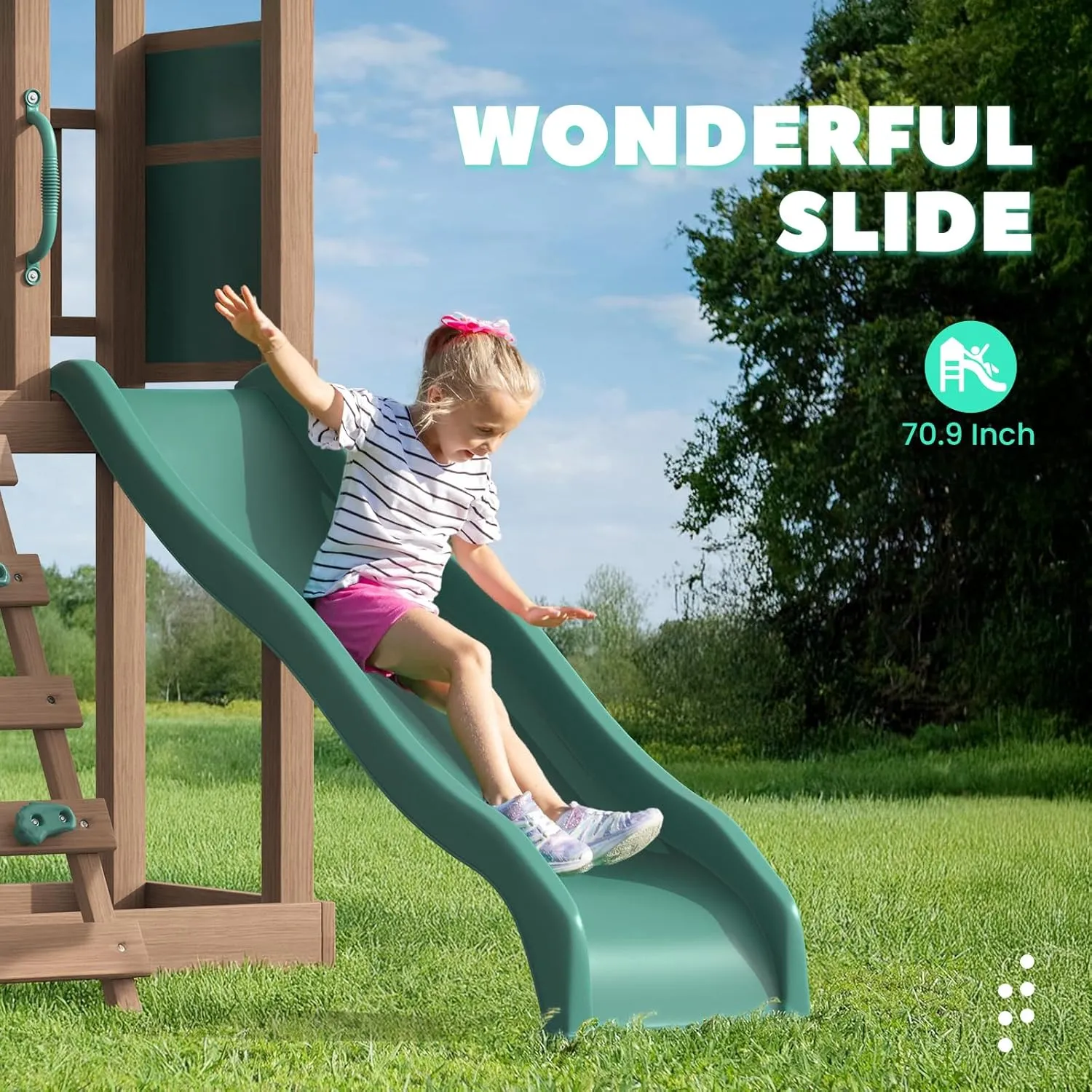 All Spruce Wooden Swing Sets for Backyard for Kids 3-12, Swingset Outdoor for Kids, Outdoor Kids Swing Sets for Backyard with 2 Belt Swings, Slide, Climber, Sandbox Area, Blackboard, Play Deck