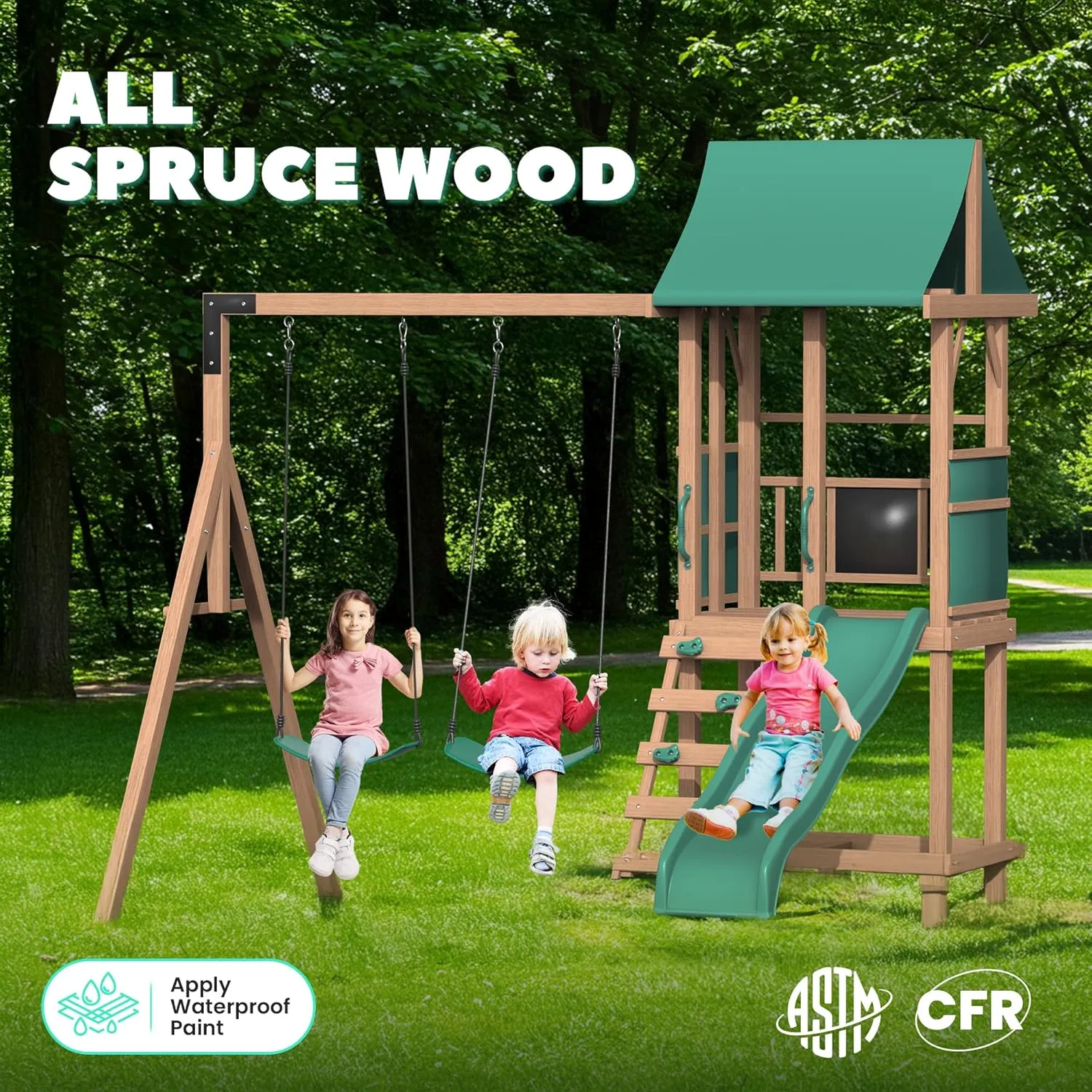 All Spruce Wooden Swing Sets for Backyard for Kids 3-12, Swingset Outdoor for Kids, Outdoor Kids Swing Sets for Backyard with 2 Belt Swings, Slide, Climber, Sandbox Area, Blackboard, Play Deck