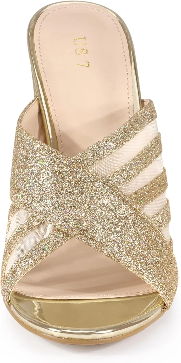 Allegra K Women's Glitter Mesh Slip on Chunky Heel Slide Sandals