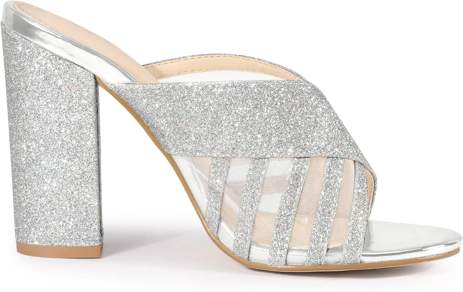 Allegra K Women's Glitter Mesh Slip on Chunky Heel Slide Sandals