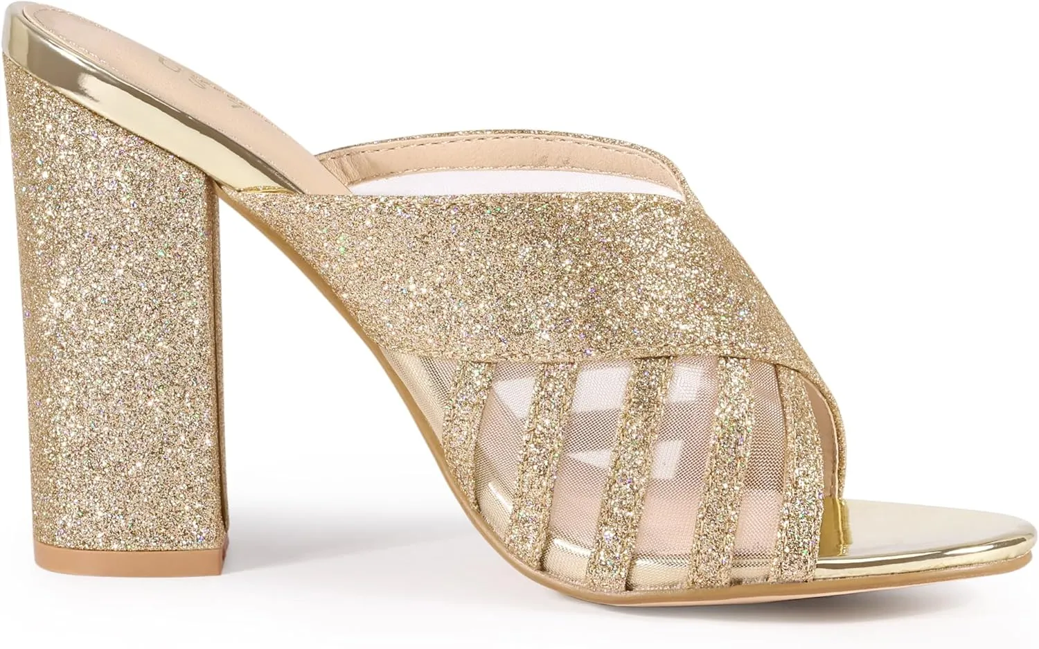Allegra K Women's Glitter Mesh Slip on Chunky Heel Slide Sandals