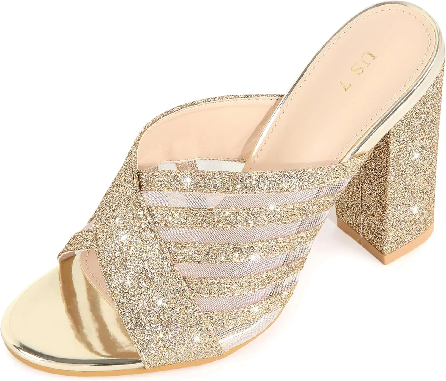 Allegra K Women's Glitter Mesh Slip on Chunky Heel Slide Sandals