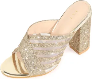 Allegra K Women's Glitter Mesh Slip on Chunky Heel Slide Sandals