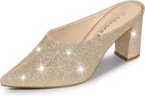 Allegra K Women's Glitter Pointed Toe Slip on Chunky Heels Slide Mules