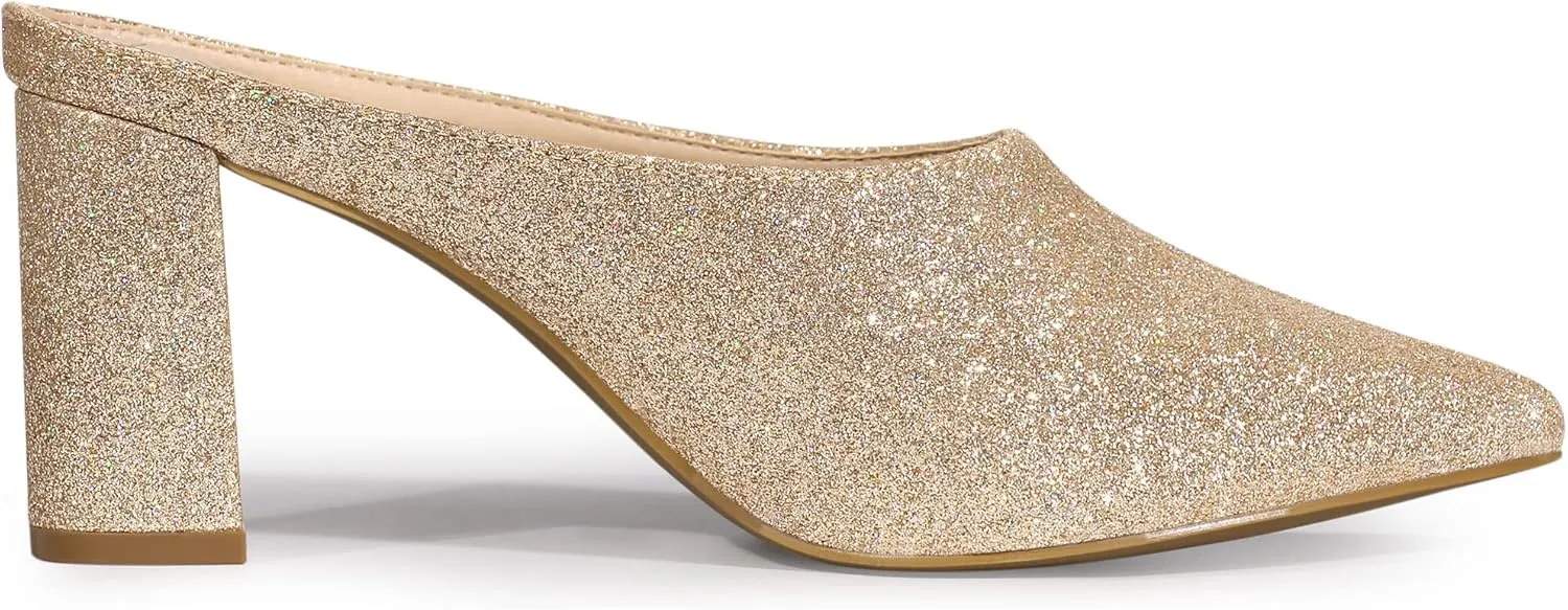 Allegra K Women's Glitter Pointed Toe Slip on Chunky Heels Slide Mules