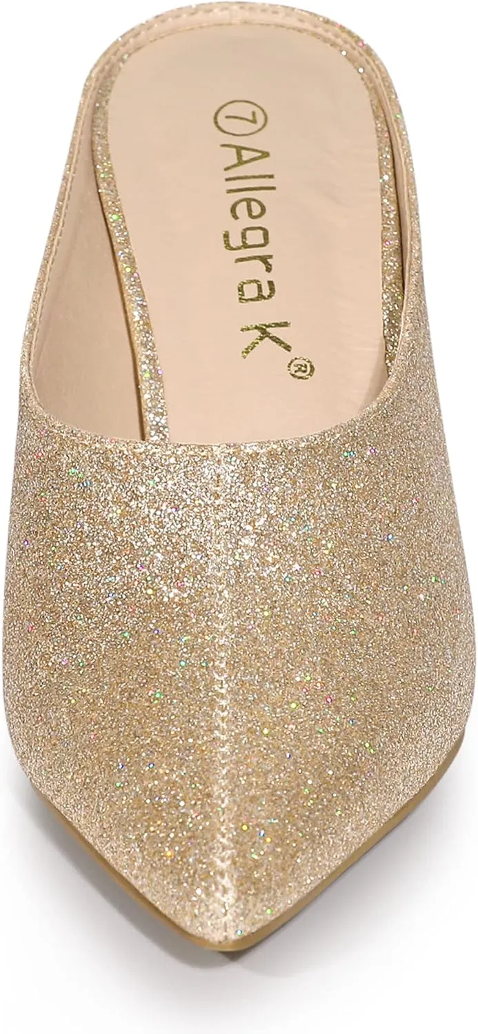 Allegra K Women's Glitter Pointed Toe Slip on Chunky Heels Slide Mules