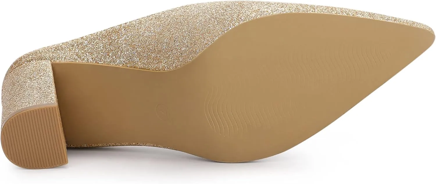 Allegra K Women's Glitter Pointed Toe Slip on Chunky Heels Slide Mules