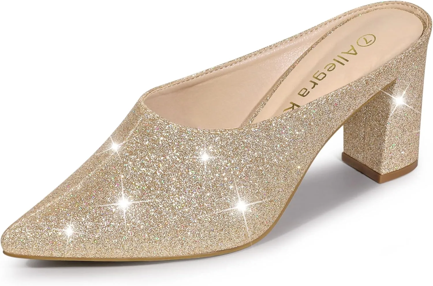 Allegra K Women's Glitter Pointed Toe Slip on Chunky Heels Slide Mules