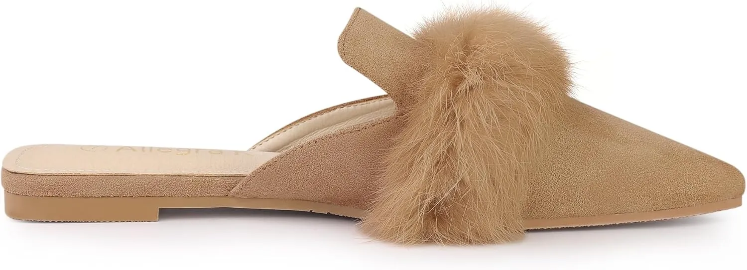Allegra K Women's Pointed Toe Faux Fur Slip on Flat Slide Mules
