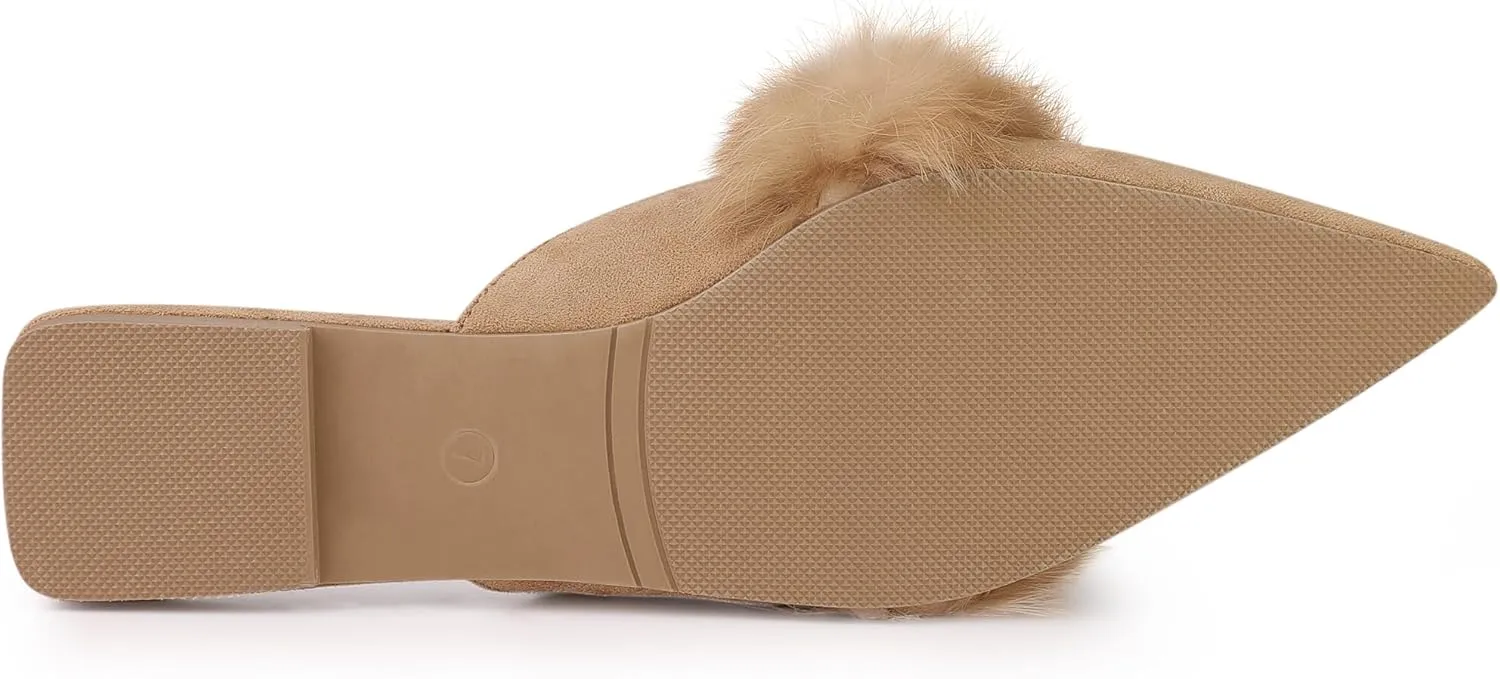 Allegra K Women's Pointed Toe Faux Fur Slip on Flat Slide Mules