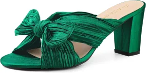 Allegra K Women's Slip on Pleated Bow Heels Chunky Heel Slouches Slides Sandals
