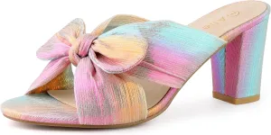 Allegra K Women's Slip on Pleated Bow Heels Chunky Heel Slouches Slides Sandals