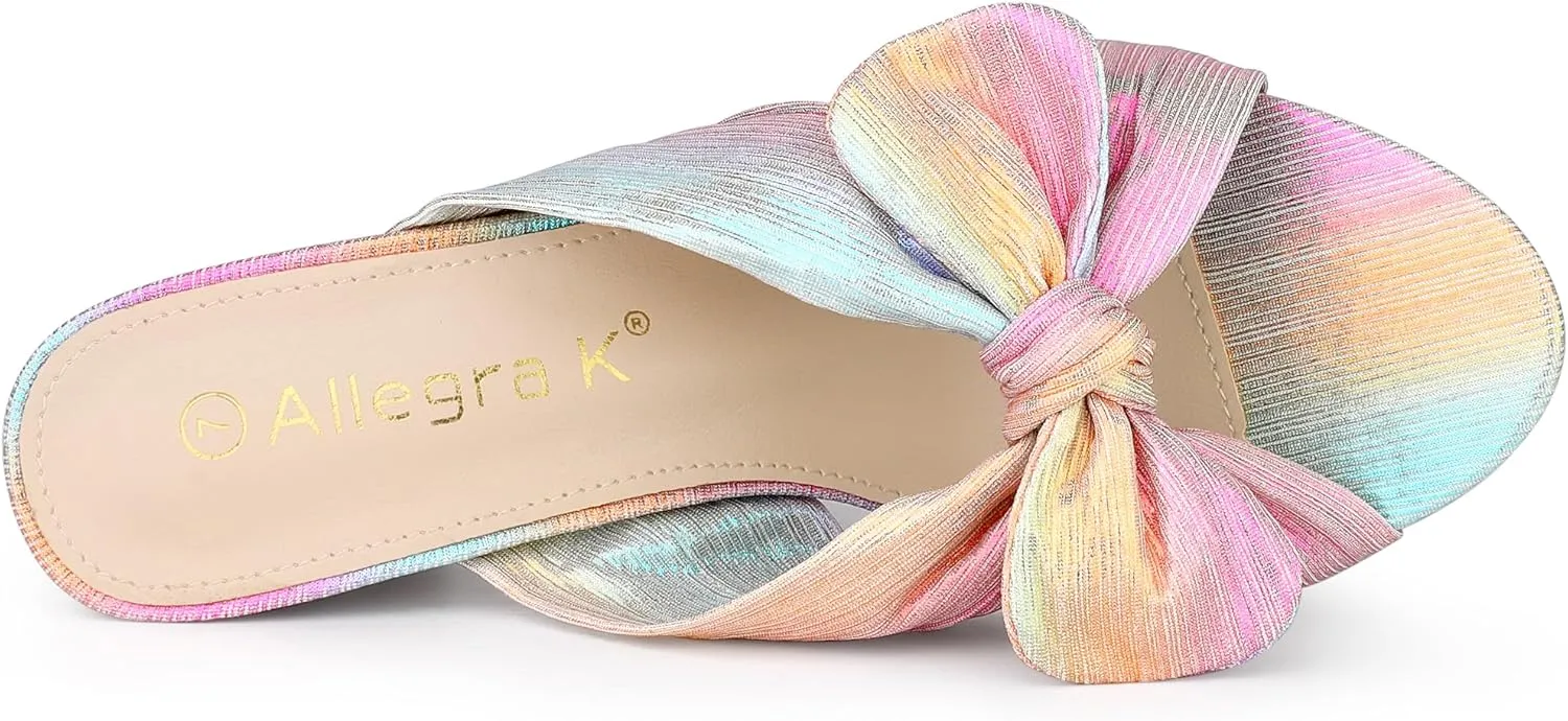 Allegra K Women's Slip on Pleated Bow Heels Chunky Heel Slouches Slides Sandals