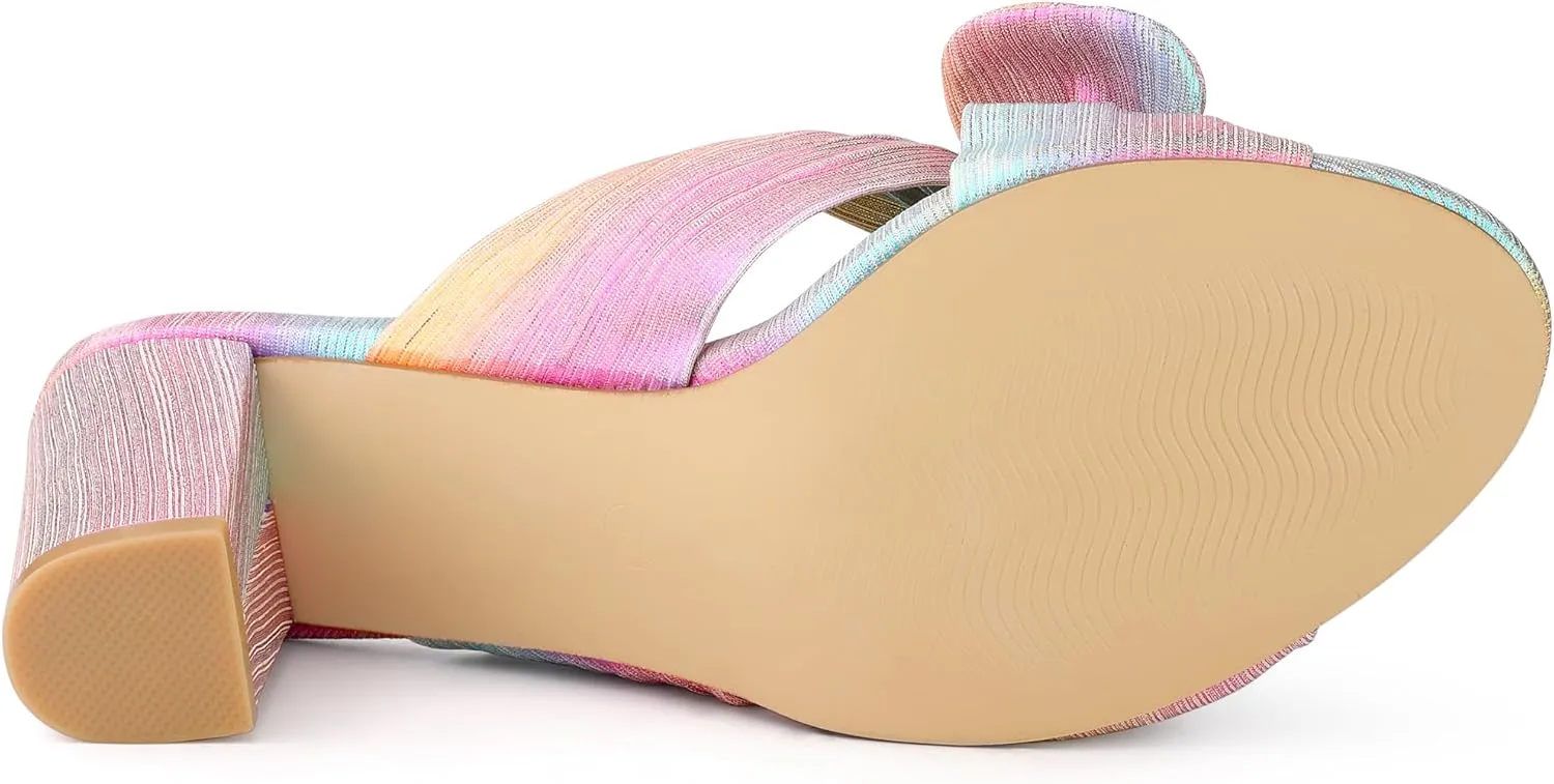 Allegra K Women's Slip on Pleated Bow Heels Chunky Heel Slouches Slides Sandals
