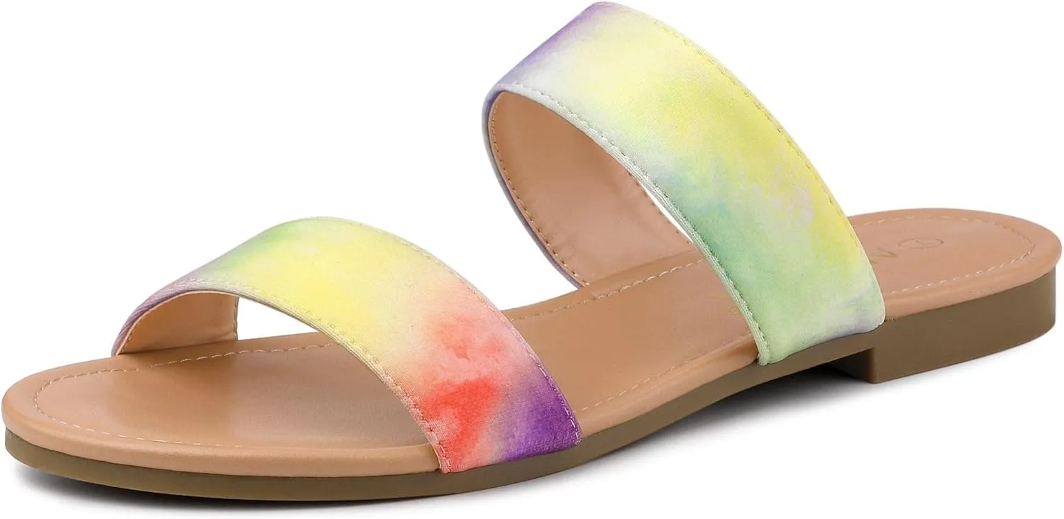 Allegra K Women's Tie Dye Open Toe Slides Slippers Slip on Flats Slides Sandals