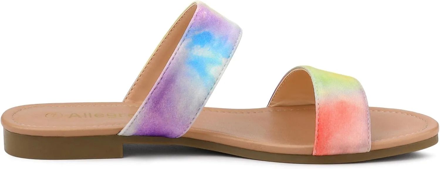 Allegra K Women's Tie Dye Open Toe Slides Slippers Slip on Flats Slides Sandals