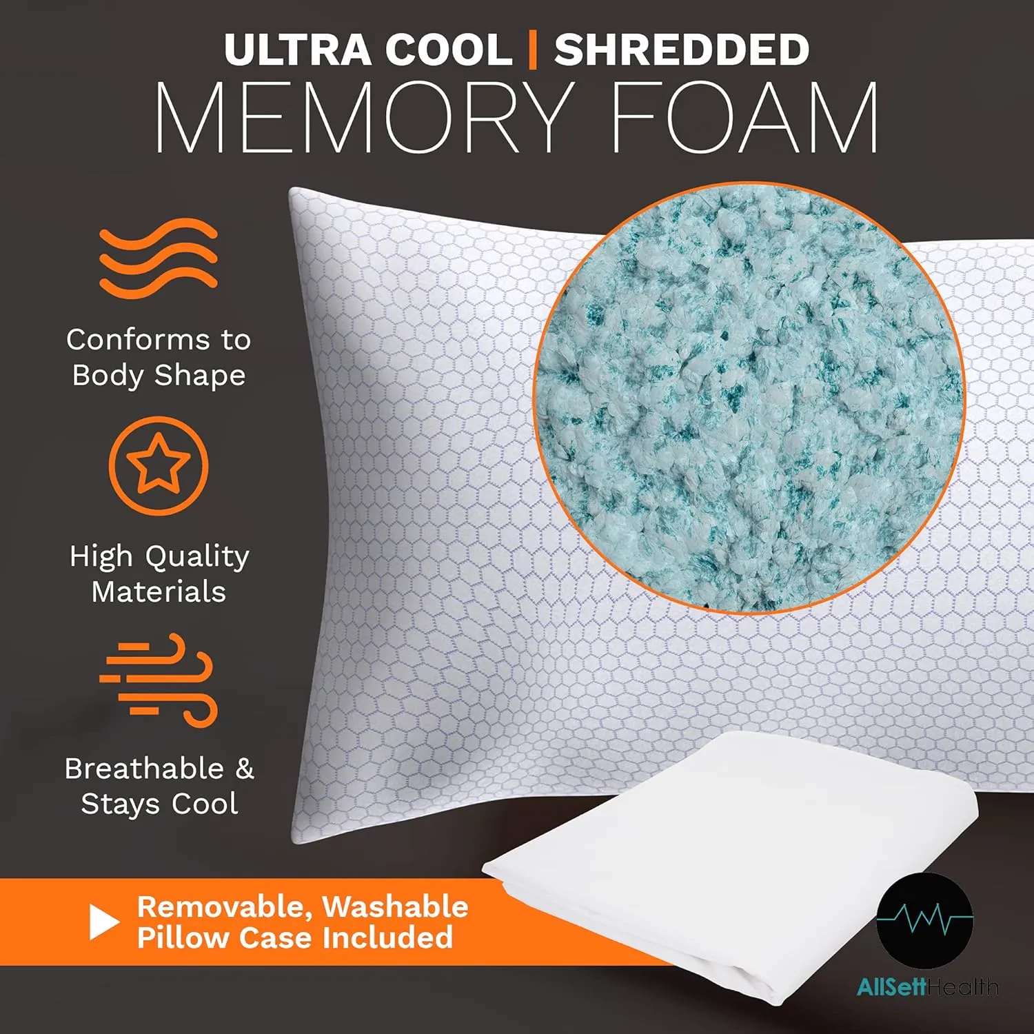 AllSett Health XXL Shredded Memory Foam Body Pillow | Long Cooling Bed Pillow for Adults - Extra Support for Side Sleepers and Pregnanc - 20" x 54”   Bonus Machine Washable Pillow Case